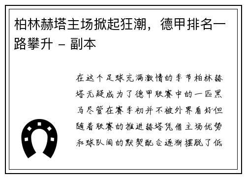 柏林赫塔主场掀起狂潮，德甲排名一路攀升 - 副本